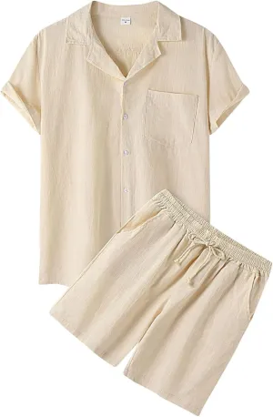 Men's 2 Piece Outfit, Vintage Linen Short Sleeve Solid Color Button Down Shirts Casual Beach Breathable Shorts Tracksuit