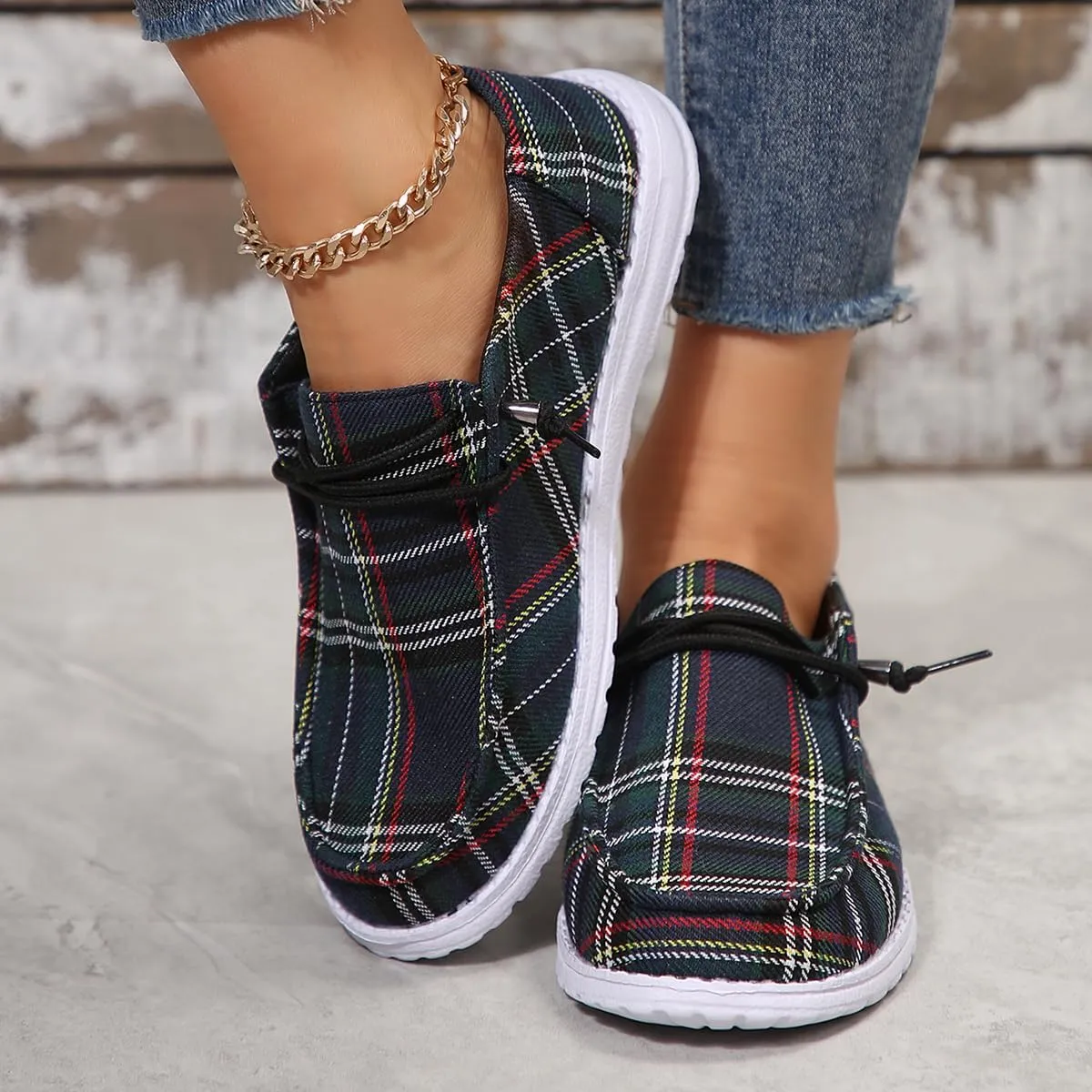 Men's & Women's Slip-On Loafers - Breathable Boat Deck Shoes with Non-Slip Sole, Comfortable Walking Shoes for Daily Outings & Retro Style (Blue Checkered)