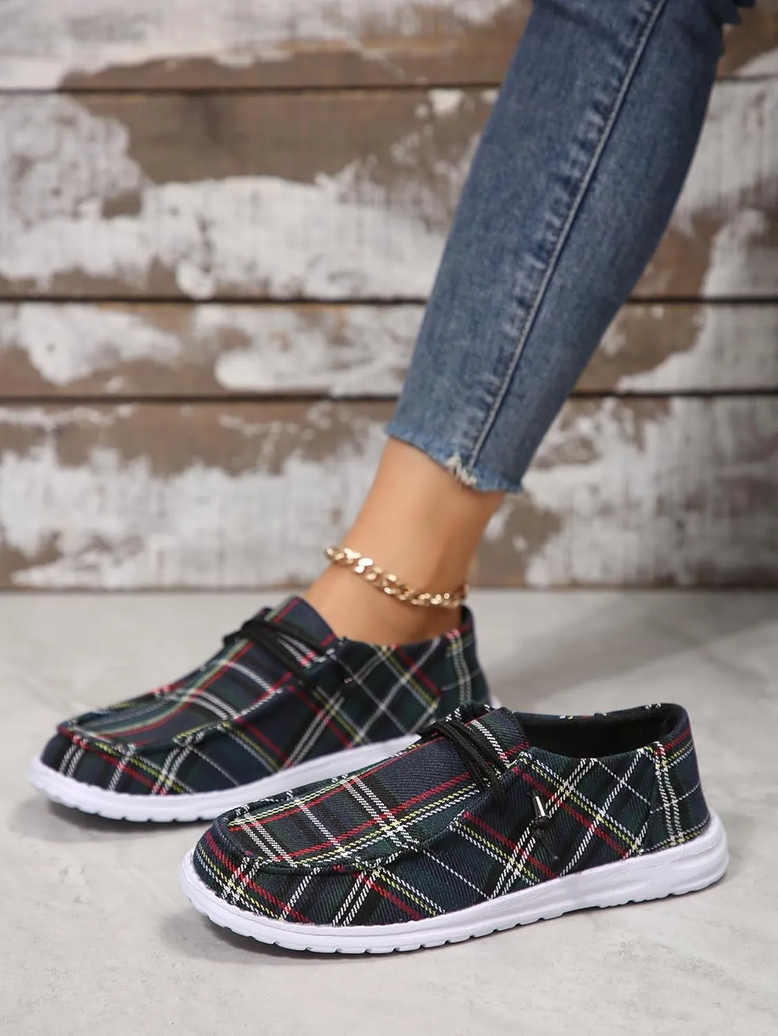 Men's & Women's Slip-On Loafers - Breathable Boat Deck Shoes with Non-Slip Sole, Comfortable Walking Shoes for Daily Outings & Retro Style (Blue Checkered)