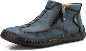 Men's Casual Leather Loafers Fashion Comfortable Chelsea Boots Hand Stitched Slip On Mid-top Shoes Blue (Velvet) 10.5
