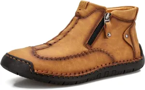 Men's Casual Leather Loafers Fashion Comfortable Chelsea Boots Hand Stitched Slip On Mid-top Shoes Yellow (Velvet) 7