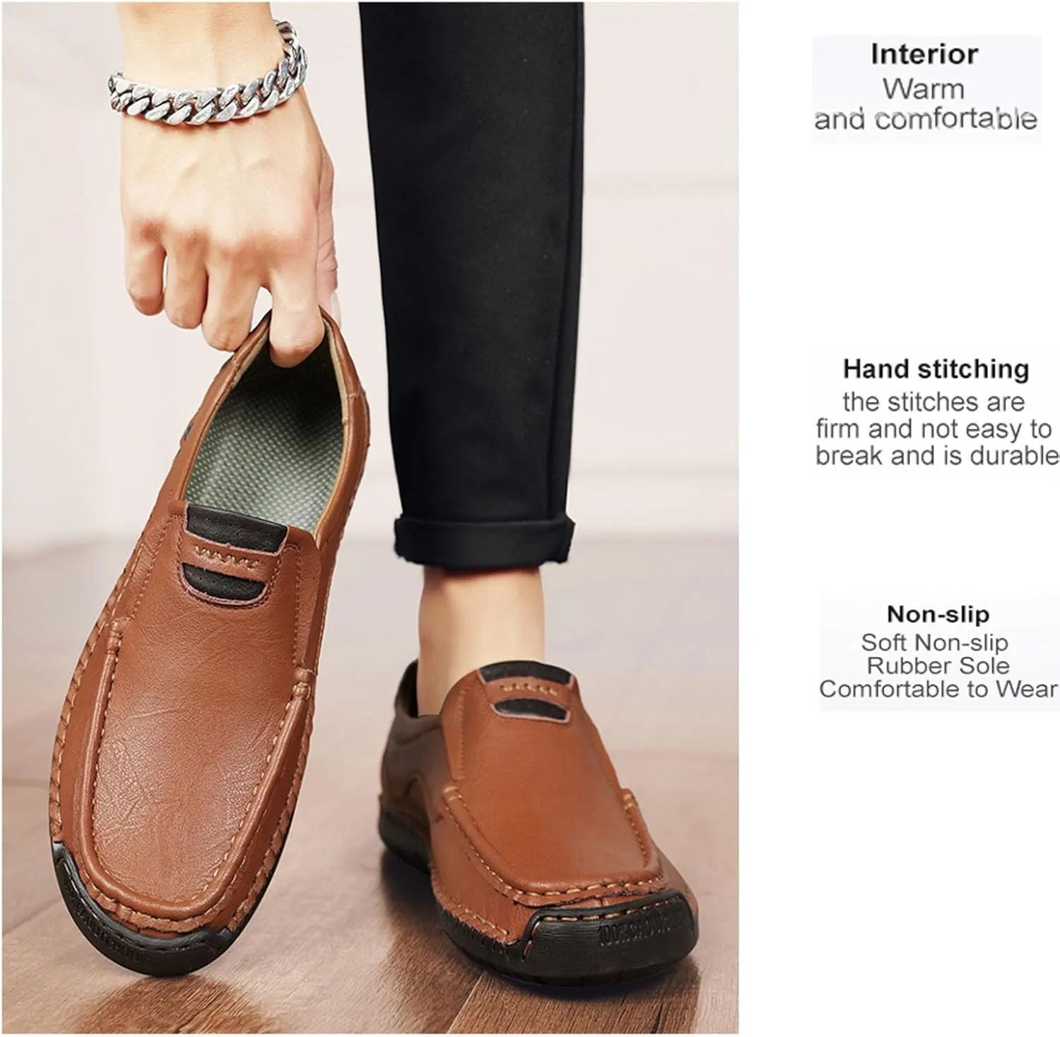 Men's Classic Vintage Leather Hand Stitched Flat Loafers Outdoor Comfortable Non-Slip Lightweight Driving Casual Shoes