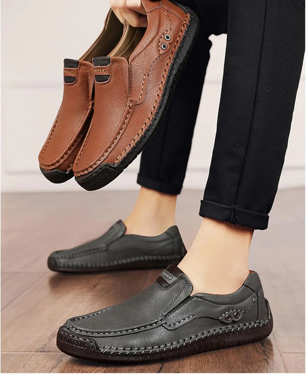 Men's Classic Vintage Leather Hand Stitched Flat Loafers Outdoor Comfortable Non-Slip Lightweight Driving Casual Shoes