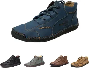 Men's Comfy Lightweight Stitching Leather Shoes, Leather Hand-Stitched Flat Mid-Cut Boots for Hiking Walking Driving (Blue,42EU)