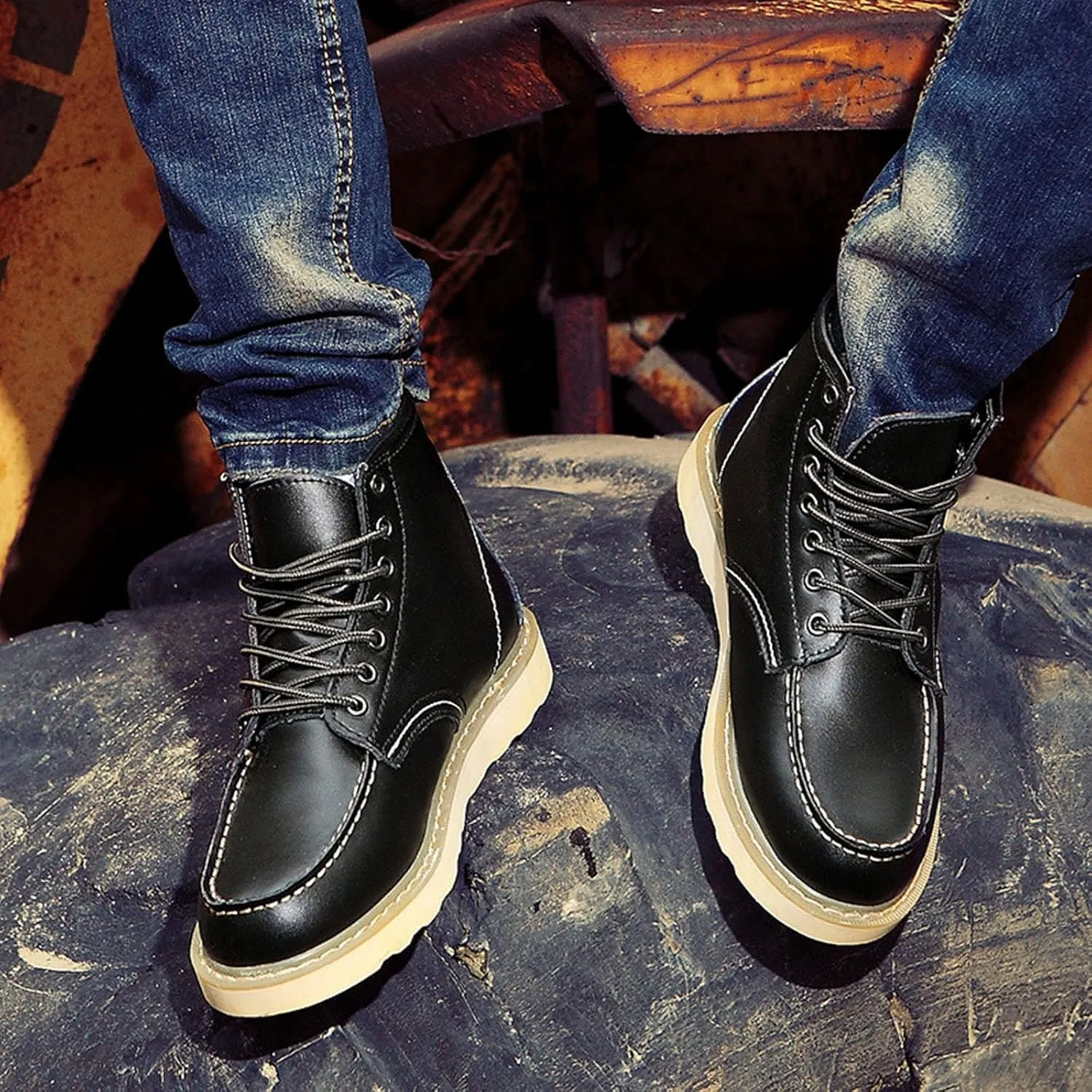 Men's Fashion British Style Leather Work Boots Slip Resistant Shock Absorbing Full Grain Leather High Top Leather Boots Industrial Construction, Roofing, Electricians