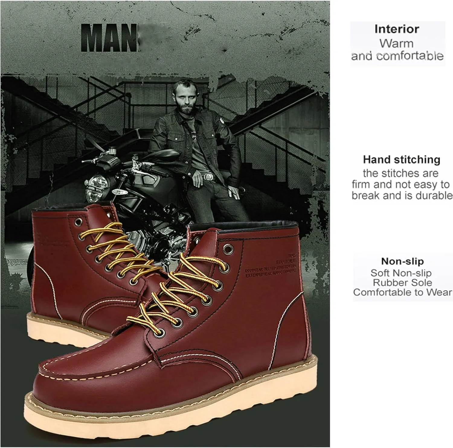Men's Fashion British Style Leather Work Boots Slip Resistant Shock Absorbing Full Grain Leather High Top Leather Boots Industrial Construction, Roofing, Electricians