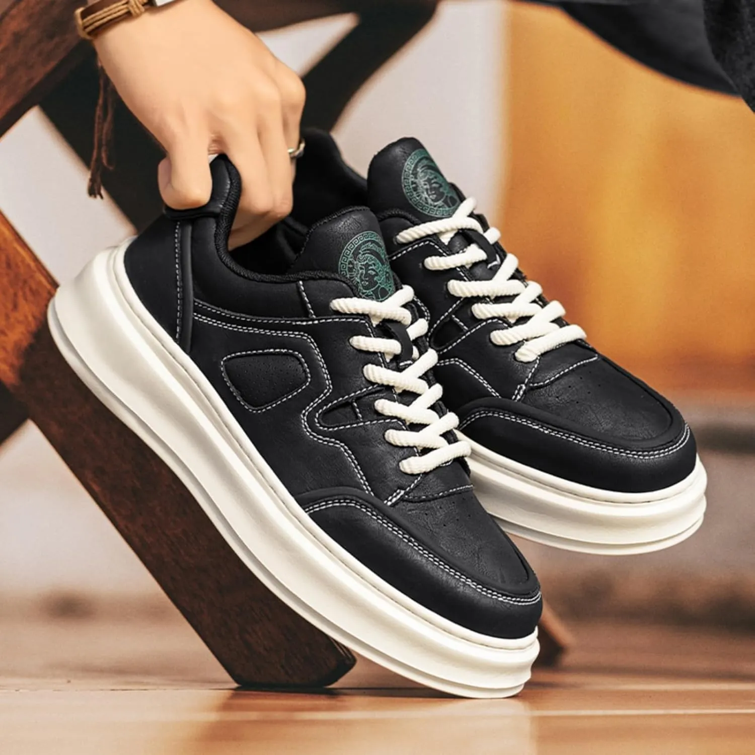 Mens Fashion Lace-Up Platform Sneakers Round Toe Low-Top Non Slip Casual Chunky Shoes for Gym Sports Tennis Jogging Running Walking
