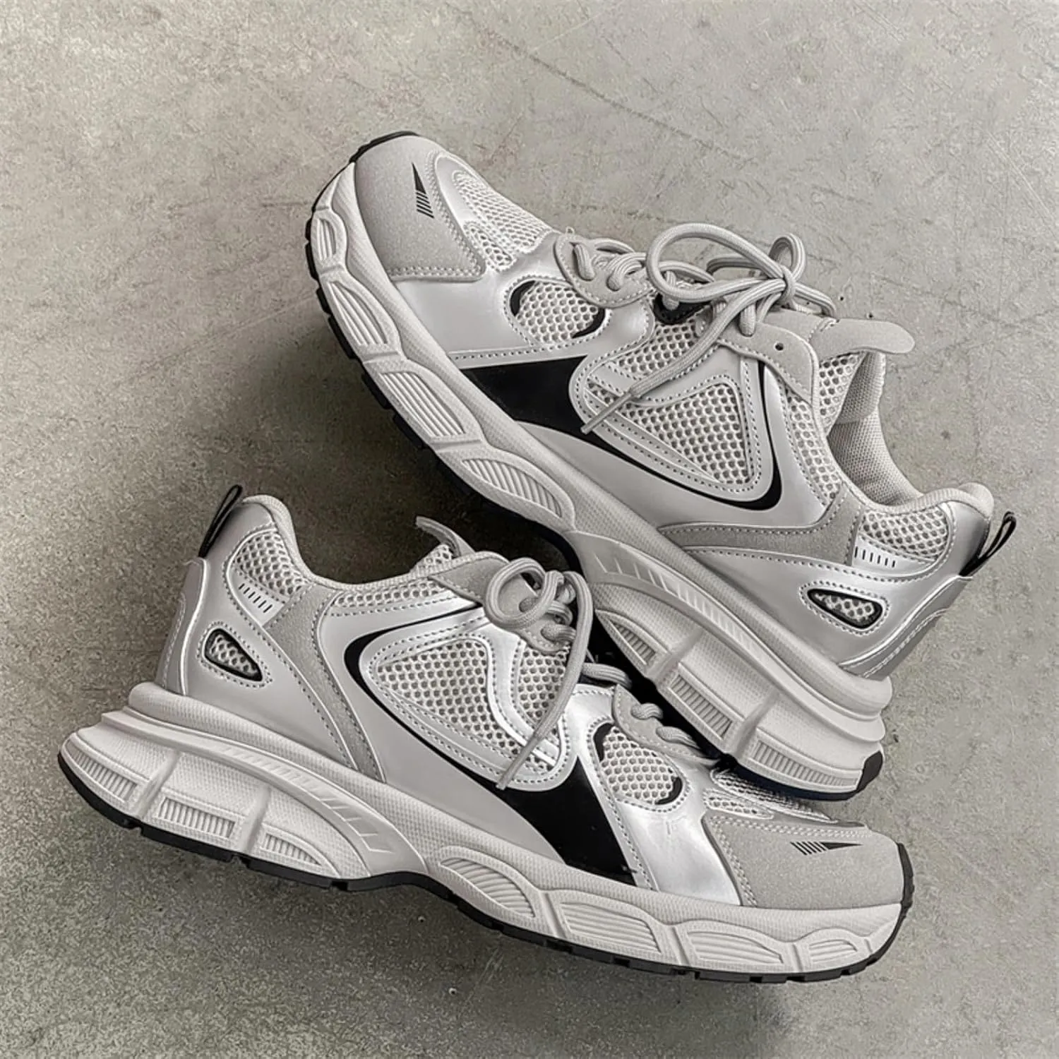 Mens Fashion Leather Chunky Platform Lace Up Sneakers Casual Non-Slip Round Toe Tennis Gym Walking Daily Dad Shoes