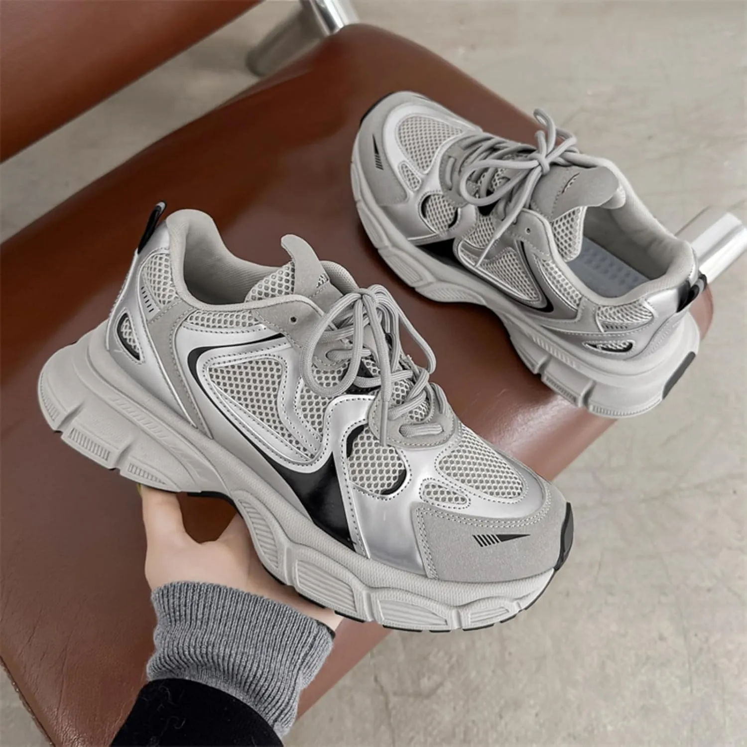 Mens Fashion Leather Chunky Platform Lace Up Sneakers Casual Non-Slip Round Toe Tennis Gym Walking Daily Dad Shoes