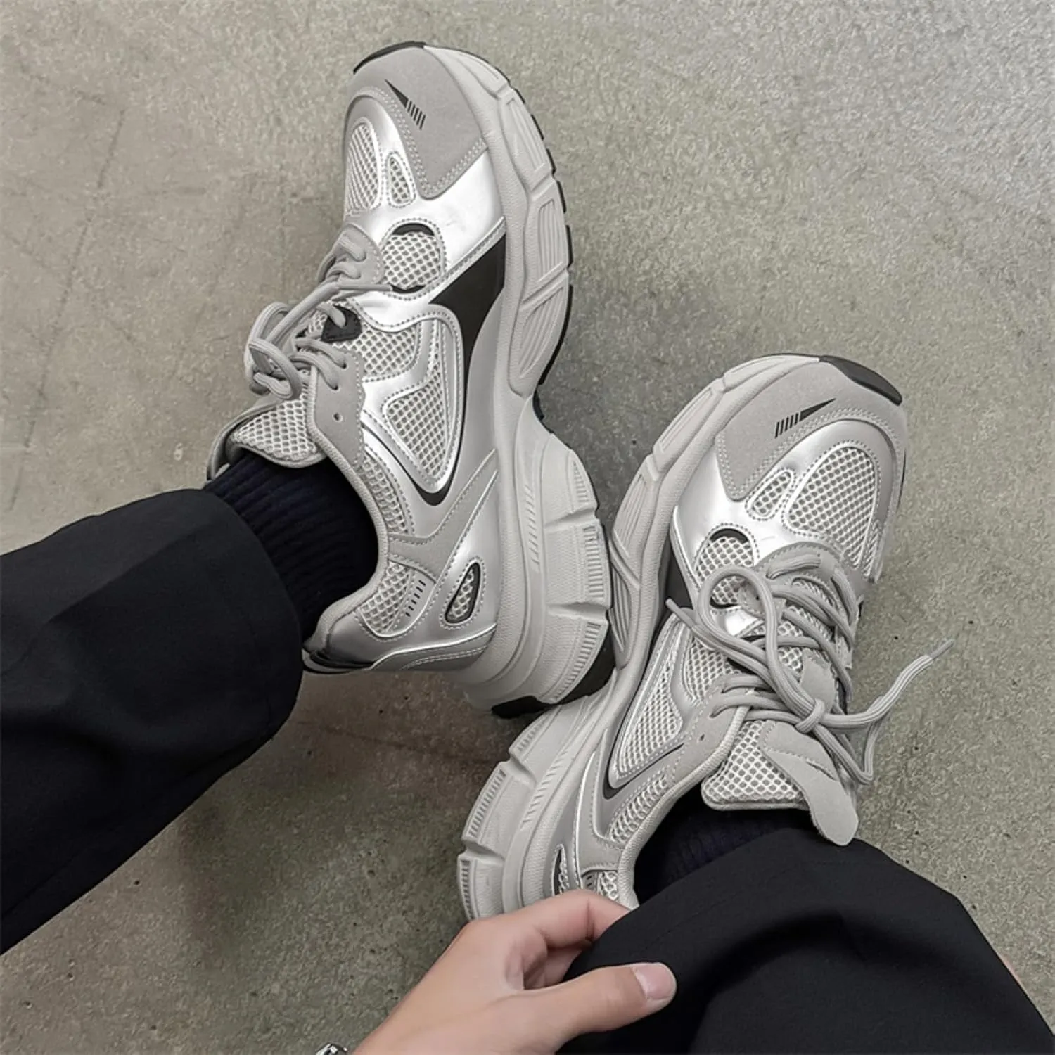 Mens Fashion Leather Chunky Platform Lace Up Sneakers Casual Non-Slip Round Toe Tennis Gym Walking Daily Dad Shoes