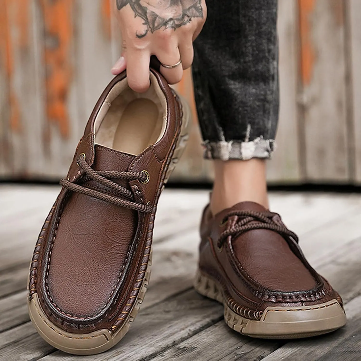 Men's Genuine Leather Lace up Casual Shoes Comfort Round Toe Lug Sole Handmade Loafers Outdoor Work Non Slip Driving Shoes