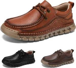 Men's Genuine Leather Lace up Casual Shoes Comfort Round Toe Lug Sole Handmade Loafers Outdoor Work Non Slip Driving Shoes