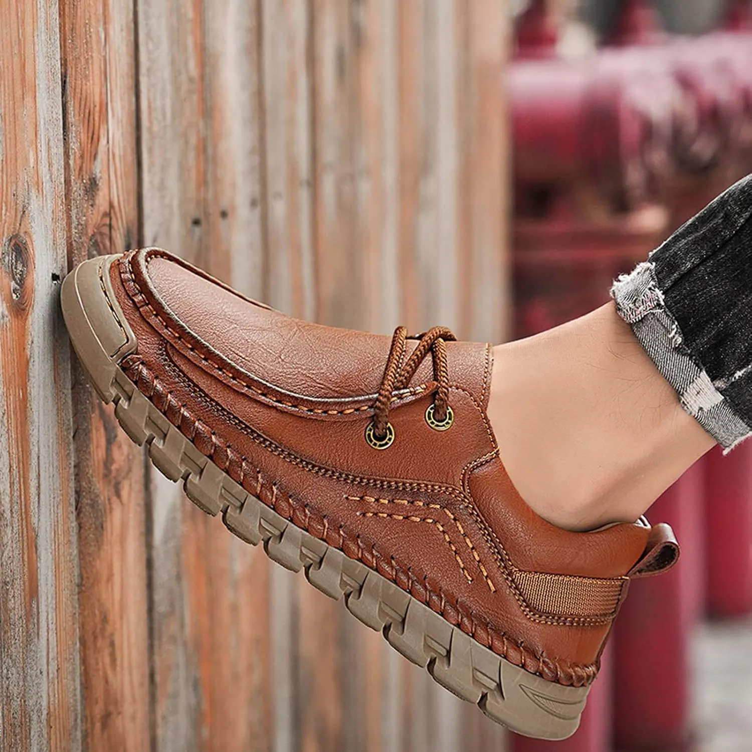 Men's Genuine Leather Lace up Casual Shoes Comfort Round Toe Lug Sole Handmade Loafers Outdoor Work Non Slip Driving Shoes