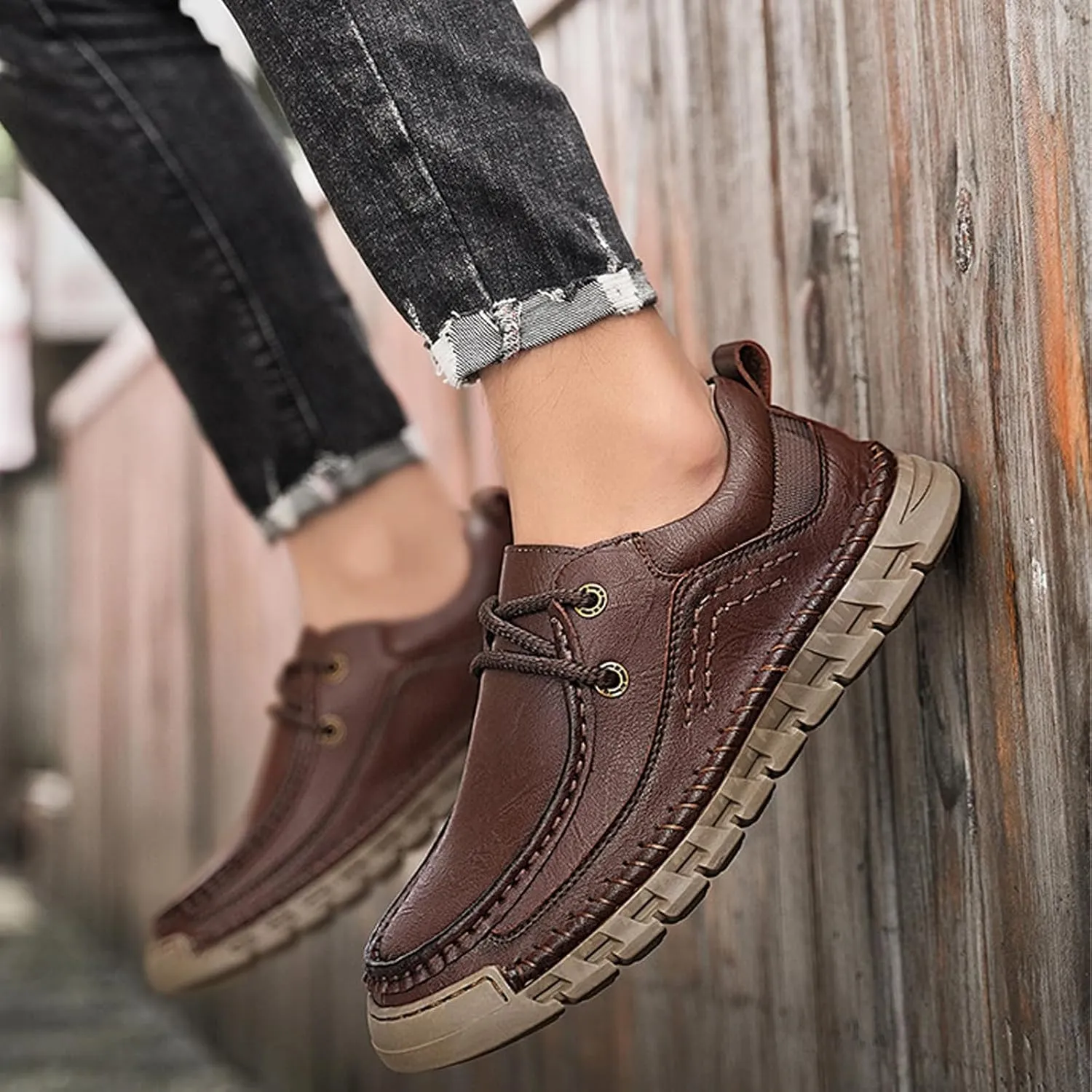 Men's Genuine Leather Lace up Casual Shoes Comfort Round Toe Lug Sole Handmade Loafers Outdoor Work Non Slip Driving Shoes