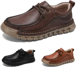 Men's Genuine Leather Lace up Casual Shoes Comfort Round Toe Lug Sole Handmade Loafers Outdoor Work Non Slip Driving Shoes