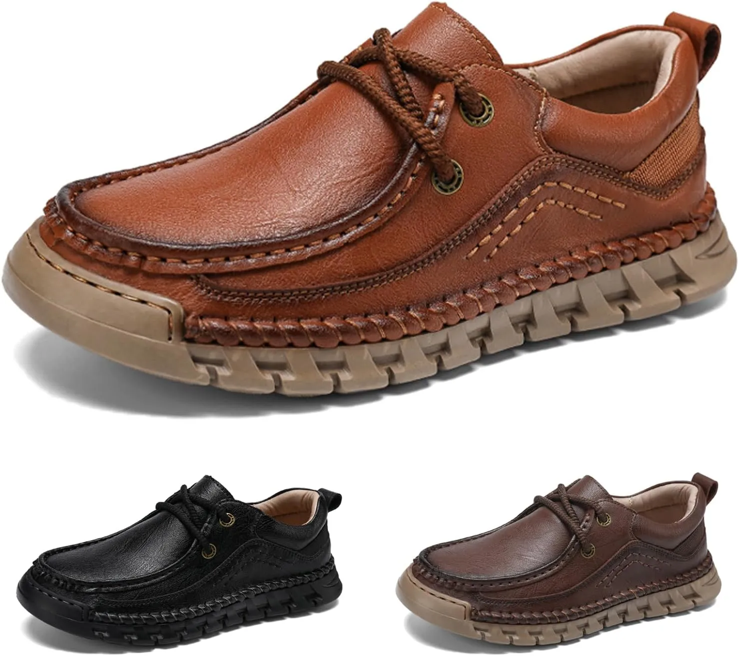 Men's Genuine Leather Lace up Casual Shoes Comfort Round Toe Lug Sole Handmade Loafers Outdoor Work Non Slip Driving Shoes