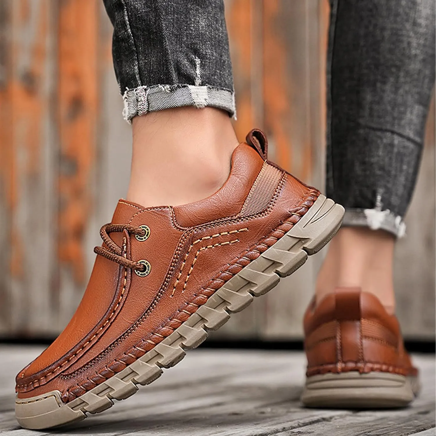 Men's Genuine Leather Lace up Casual Shoes Comfort Round Toe Lug Sole Handmade Loafers Outdoor Work Non Slip Driving Shoes
