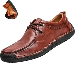 Men's Leather Lace-up Casual Shoes,Vintage Comfort Hand-Stitching Non-Slip Softsole Travel Work Dress Driving Loafers