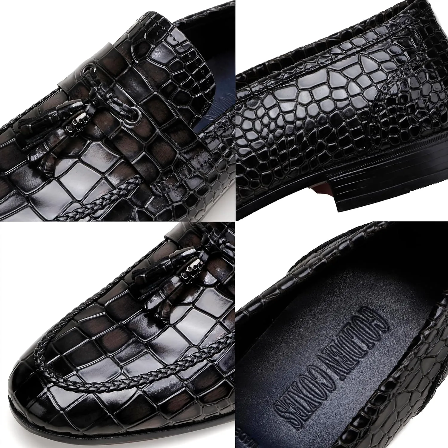 Men's Leather Tassel Loafers, Fashion Crocodile Printed Slip On Dress Shoes Casual Party Shoes Business Weddings Loafers for Mens
