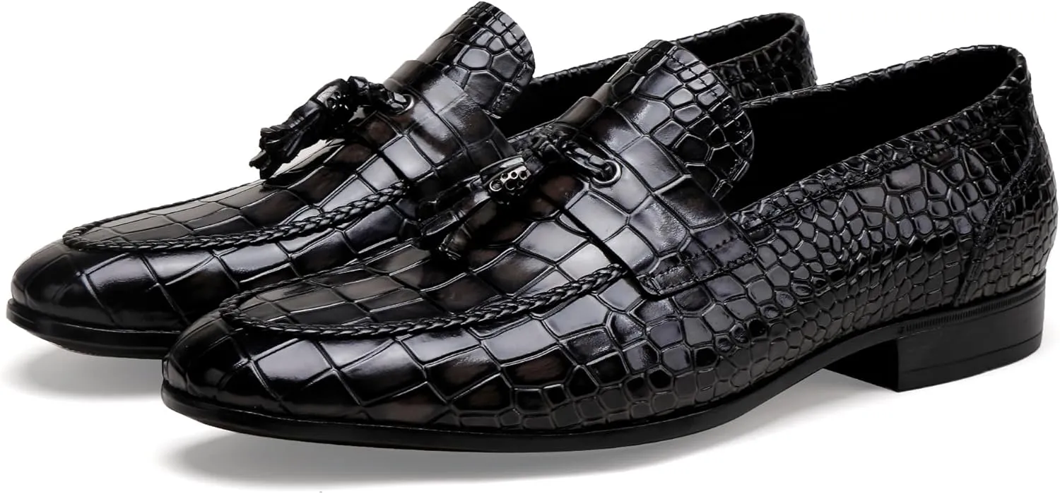 Men's Leather Tassel Loafers, Fashion Crocodile Printed Slip On Dress Shoes Casual Party Shoes Business Weddings Loafers for Mens