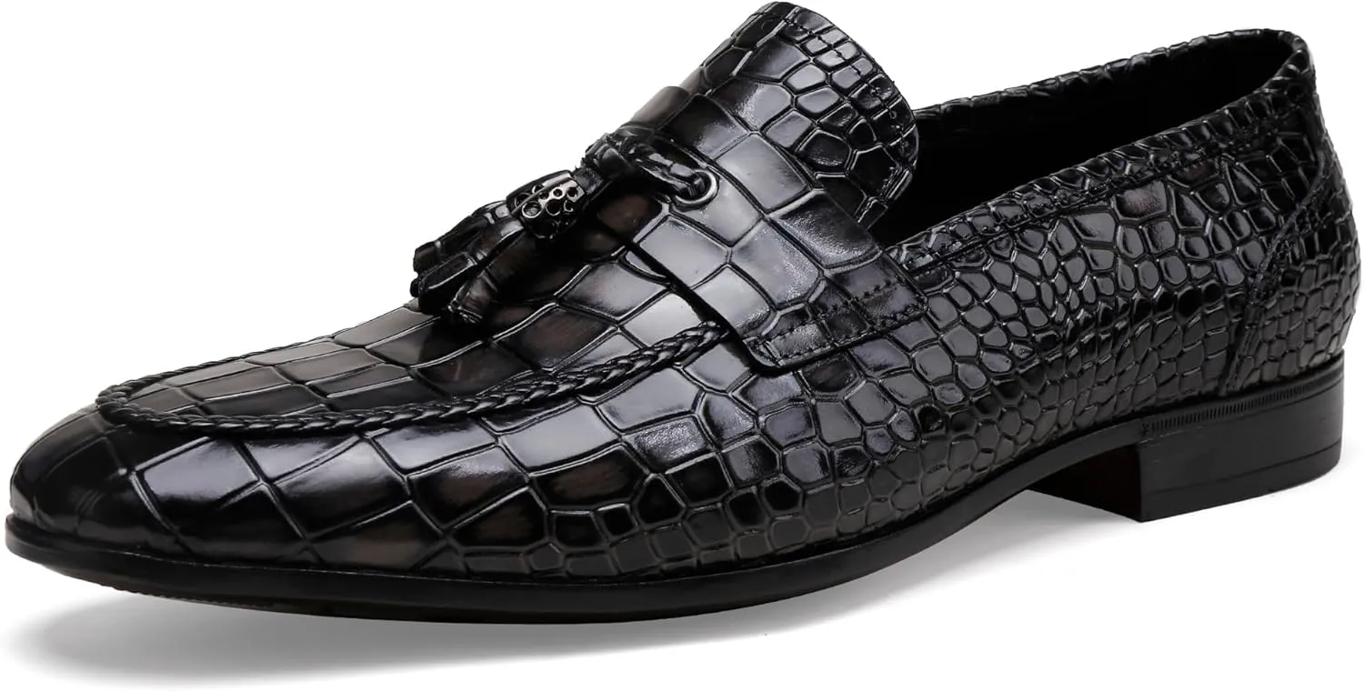 Men's Leather Tassel Loafers, Fashion Crocodile Printed Slip On Dress Shoes Casual Party Shoes Business Weddings Loafers for Mens