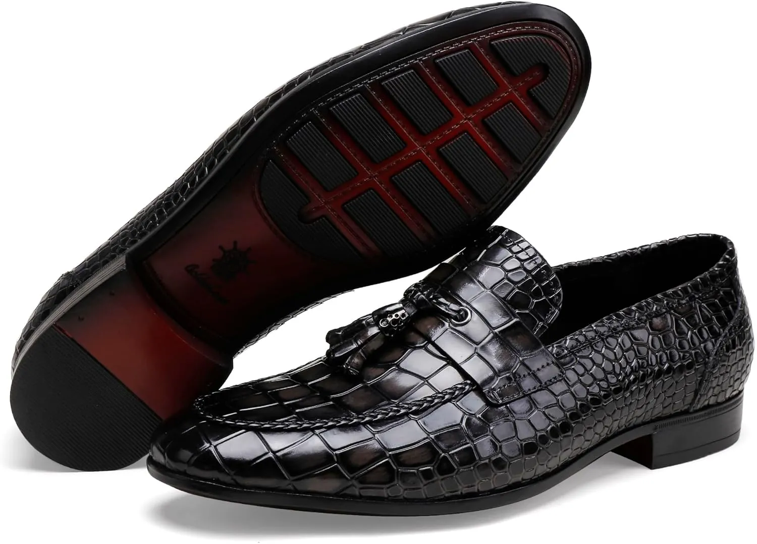 Men's Leather Tassel Loafers, Fashion Crocodile Printed Slip On Dress Shoes Casual Party Shoes Business Weddings Loafers for Mens
