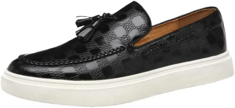 Men's Plaid Pattern Leather Slip On Tassel Loafers Fashion Round Toe Low Top Non-Slip Business Casual Shoes