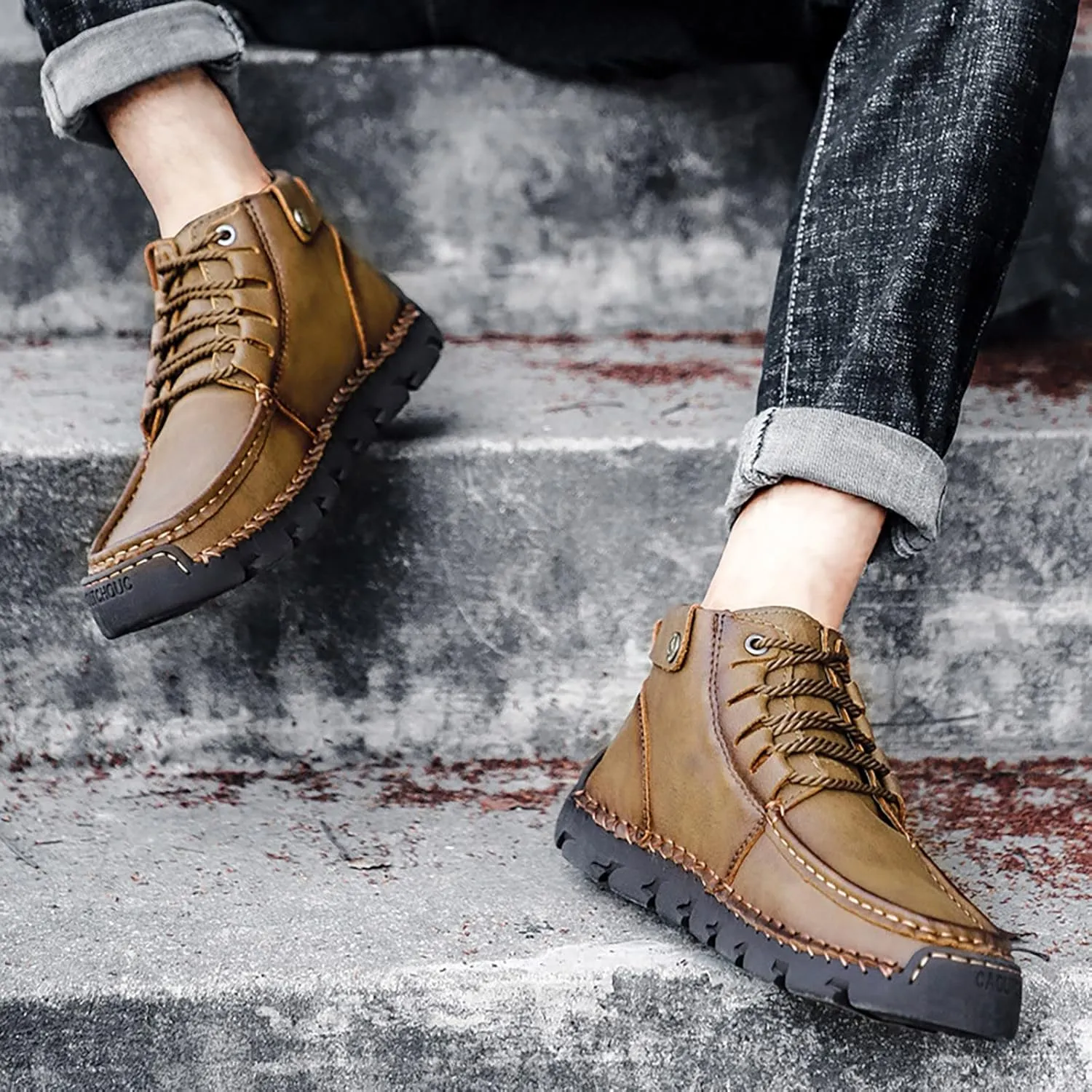 Mens PU Ankle Chukka Boots Casual Shoes Loafers Flat Shoes Vintage Stitching Comfort Soft Breathable Lace-up Lightweight Fashionable Flats Shoes