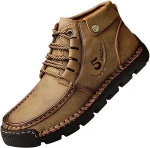 Mens PU Ankle Chukka Boots Casual Shoes Loafers Flat Shoes Vintage Stitching Comfort Soft Breathable Lace-up Lightweight Fashionable Flats Shoes