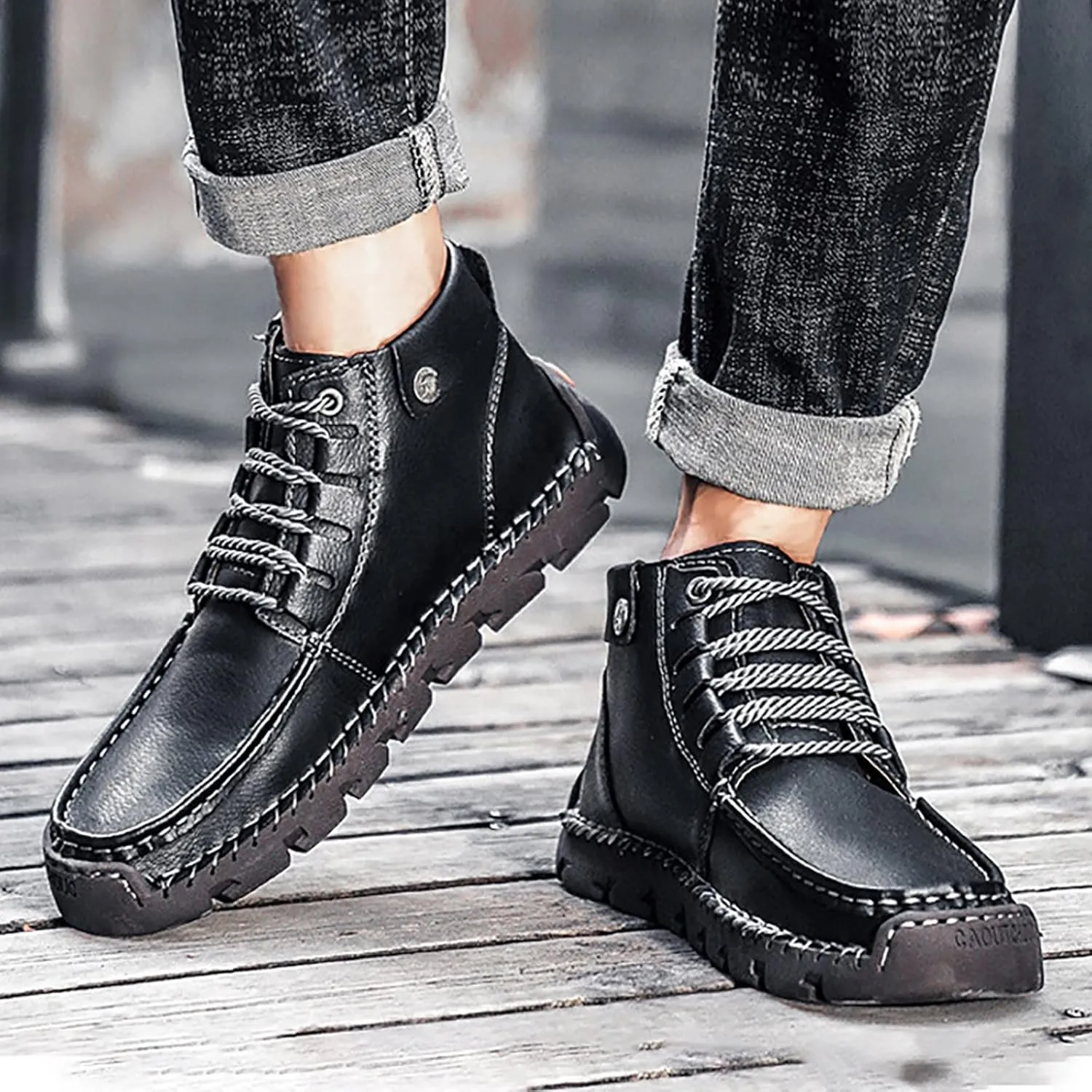 Mens PU Ankle Chukka Boots Casual Shoes Loafers Flat Shoes Vintage Stitching Comfort Soft Breathable Lace-up Lightweight Fashionable Flats Shoes