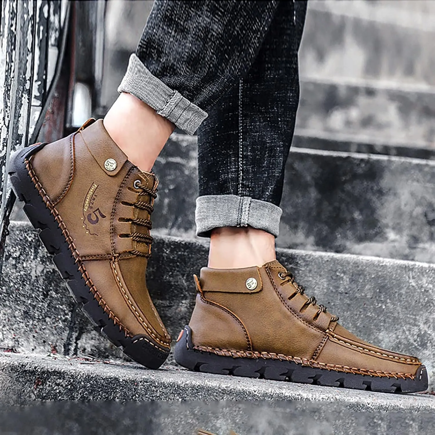 Mens PU Ankle Chukka Boots Casual Shoes Loafers Flat Shoes Vintage Stitching Comfort Soft Breathable Lace-up Lightweight Fashionable Flats Shoes