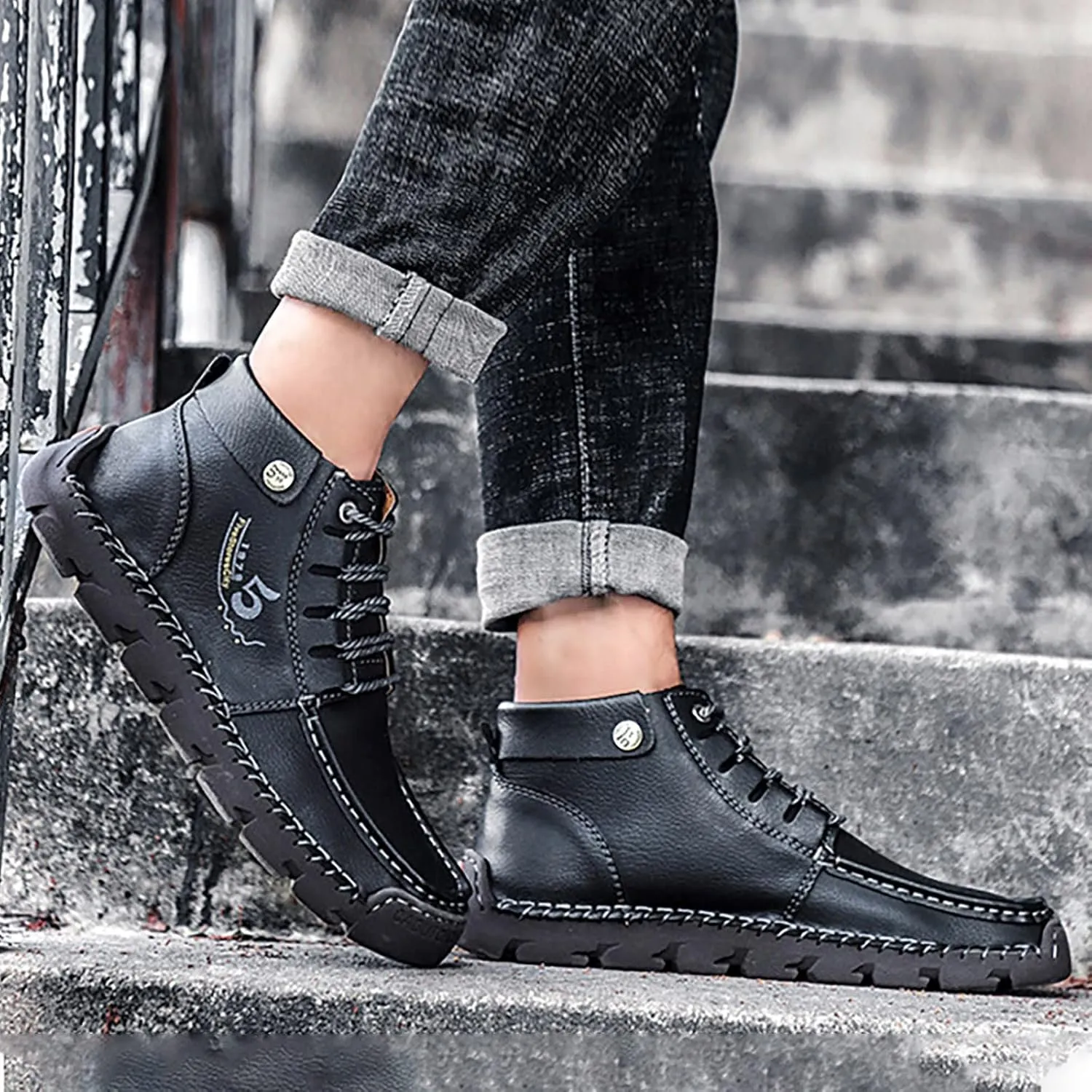 Mens PU Ankle Chukka Boots Casual Shoes Loafers Flat Shoes Vintage Stitching Comfort Soft Breathable Lace-up Lightweight Fashionable Flats Shoes