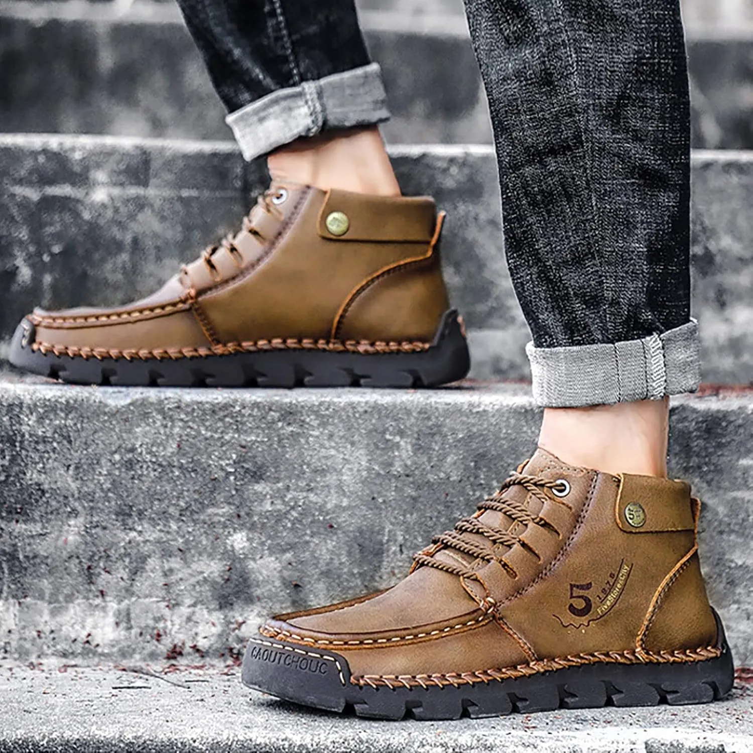 Mens PU Ankle Chukka Boots Casual Shoes Loafers Flat Shoes Vintage Stitching Comfort Soft Breathable Lace-up Lightweight Fashionable Flats Shoes