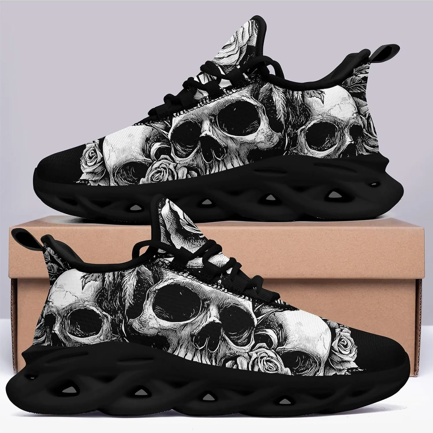 Men's Skull Running Shoes Athletic Sneakers Breathable Gym Slip-on Shoes Lightweight Cushion Sports Walking Shoes