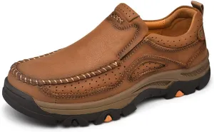 Mens Slip On Casual Loafers Classic Outdoor Leather Walking Hiking Shoes Comfortable for Work Office Dress Outdoor