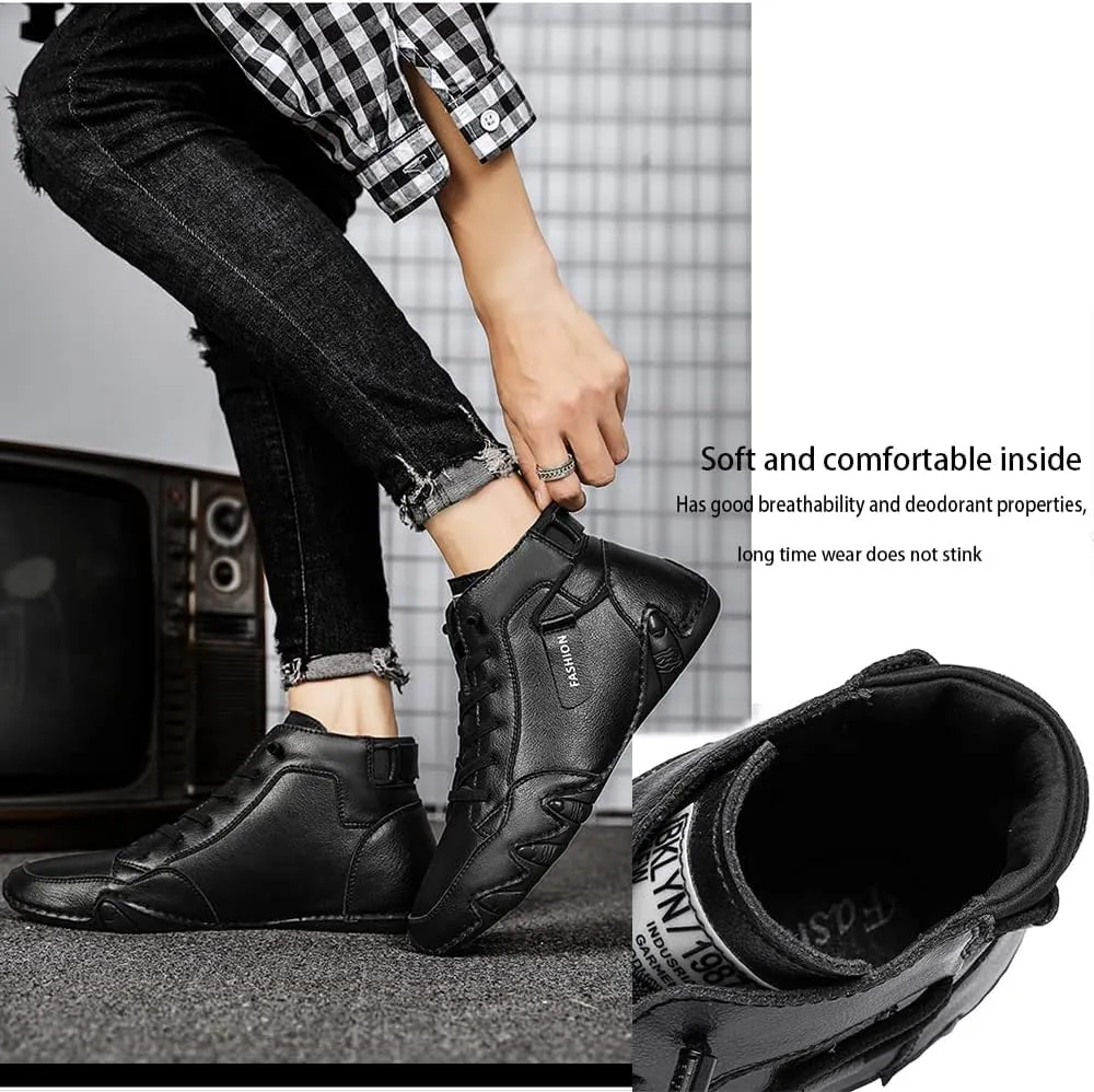 Men's Soft Cattle Leather Mid top Slip On Loafers Vintage Hand Stitching Lightweight Fashion Flat Ankle Chukka Boots