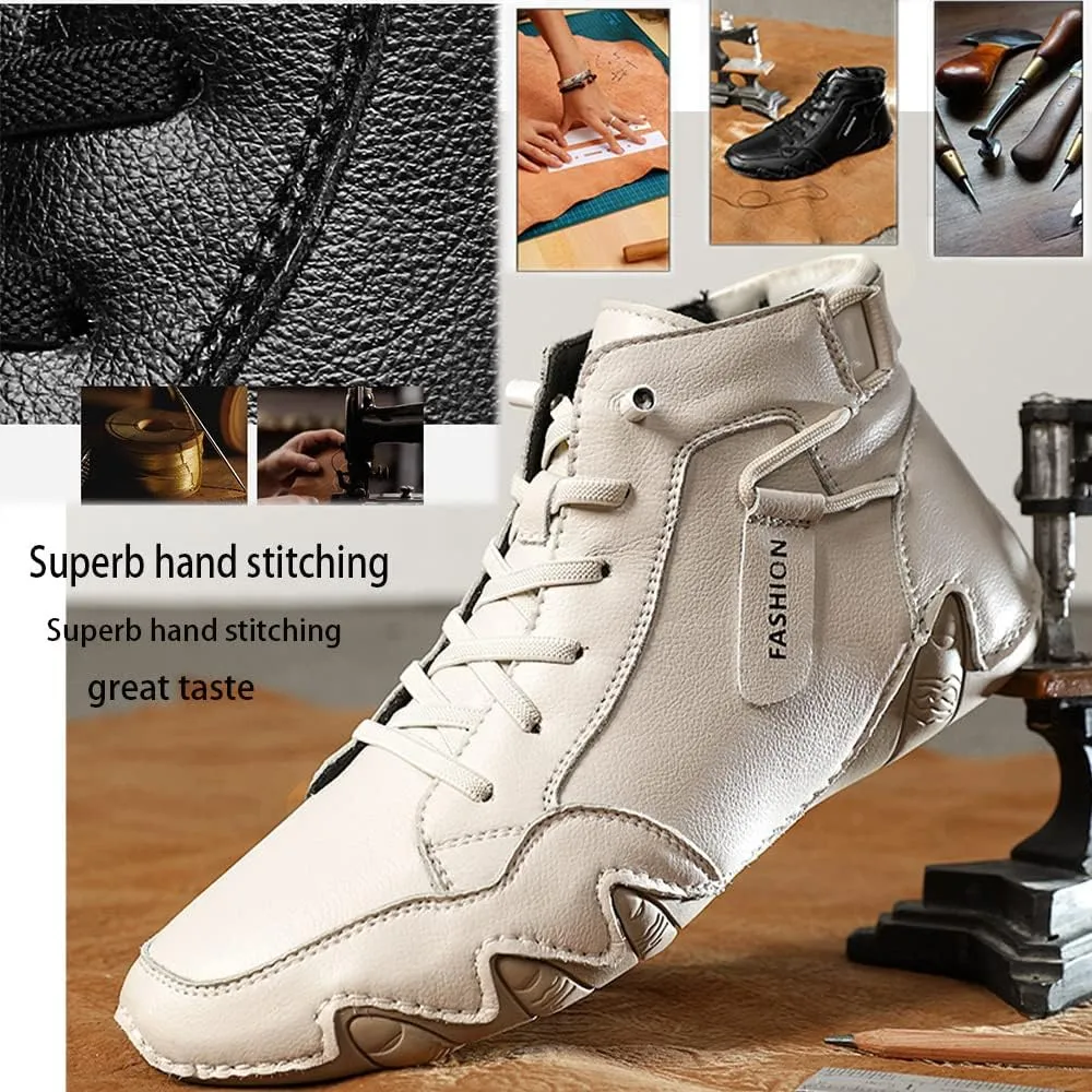 Men's Soft Cattle Leather Mid top Slip On Loafers Vintage Hand Stitching Lightweight Fashion Flat Ankle Chukka Boots