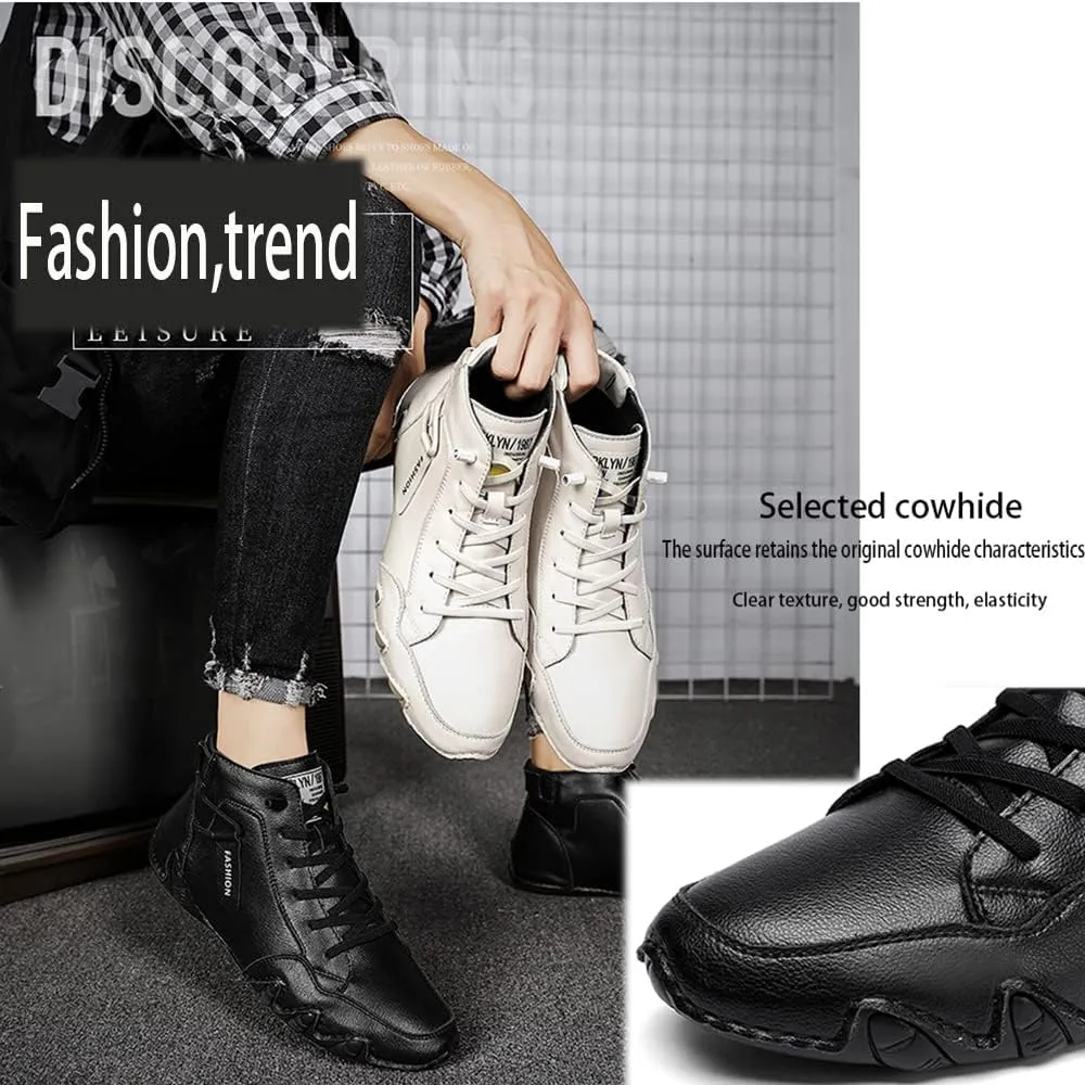 Men's Soft Cattle Leather Mid top Slip On Loafers Vintage Hand Stitching Lightweight Fashion Flat Ankle Chukka Boots