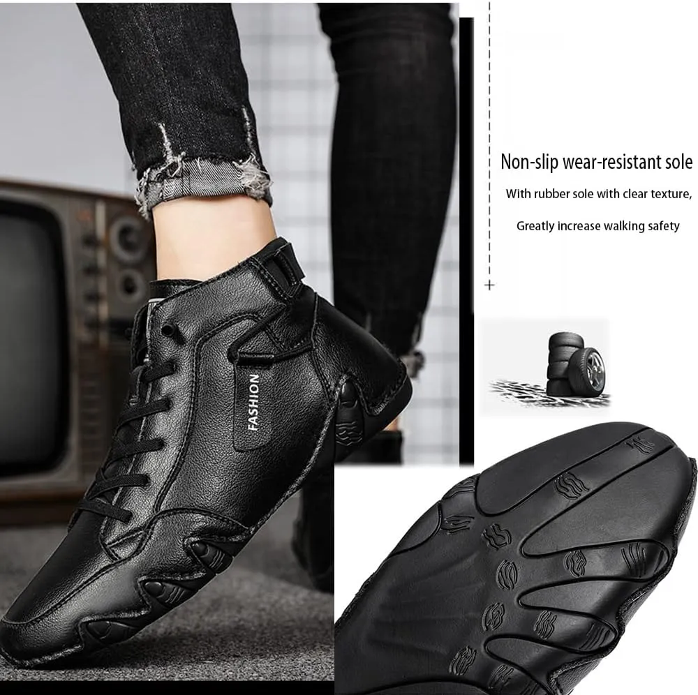 Men's Soft Cattle Leather Mid top Slip On Loafers Vintage Hand Stitching Lightweight Fashion Flat Ankle Chukka Boots