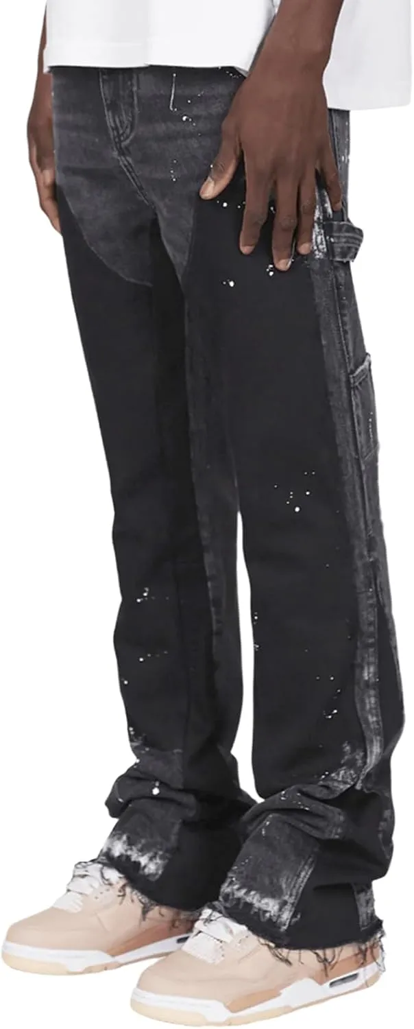 Men's Stacked Jeans Mid Rise Relaxed Fit Patchwork Straight Leg Denim Pants Retro Hip Hop Streetwear Trousers