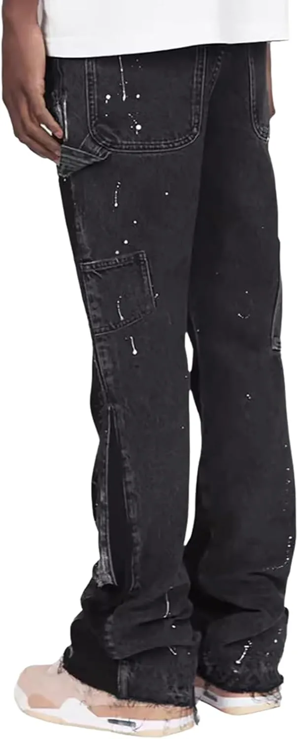 Men's Stacked Jeans Mid Rise Relaxed Fit Patchwork Straight Leg Denim Pants Retro Hip Hop Streetwear Trousers