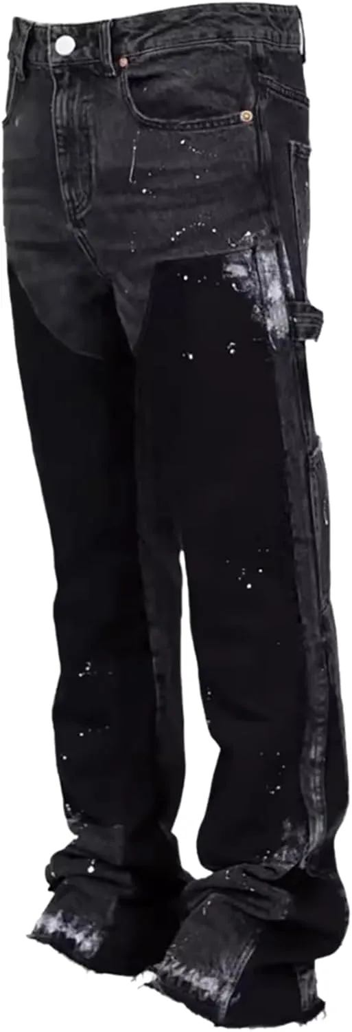 Men's Stacked Jeans Mid Rise Relaxed Fit Patchwork Straight Leg Denim Pants Retro Hip Hop Streetwear Trousers