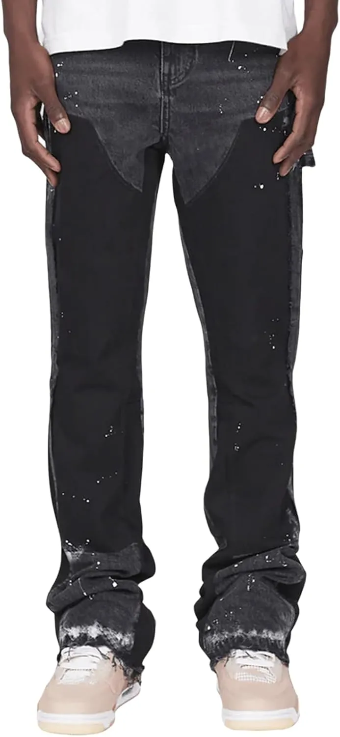 Men's Stacked Jeans Mid Rise Relaxed Fit Patchwork Straight Leg Denim Pants Retro Hip Hop Streetwear Trousers