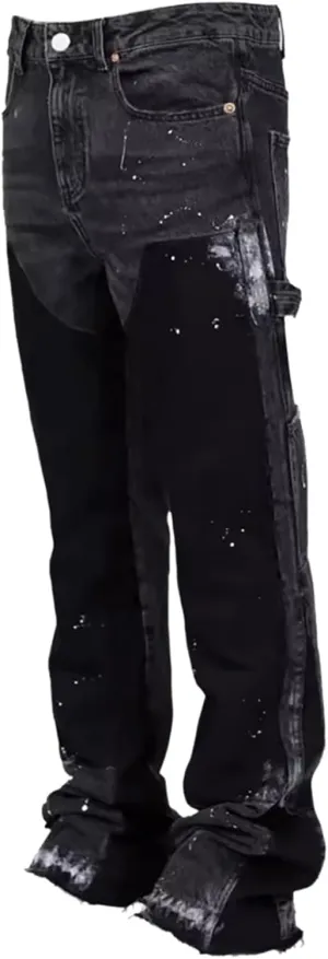 Men's Stacked Jeans Mid Rise Relaxed Fit Patchwork Straight Leg Denim Pants Retro Hip Hop Streetwear Trousers