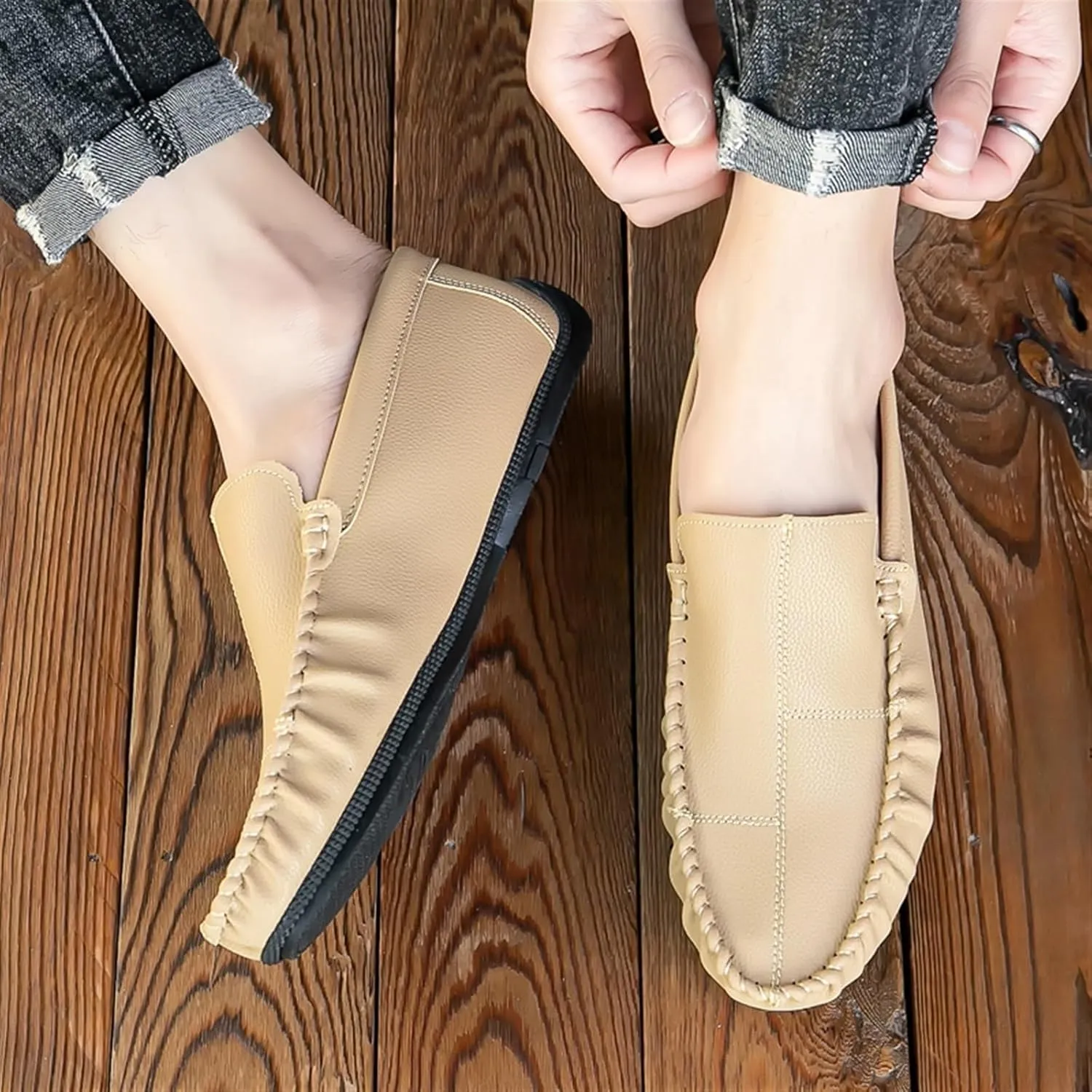 Men's Vegan Leather Loafers – Slip-On Moccasins with Stitching Details, Anti-Slip Sole, Comfortable and Classic for Parties