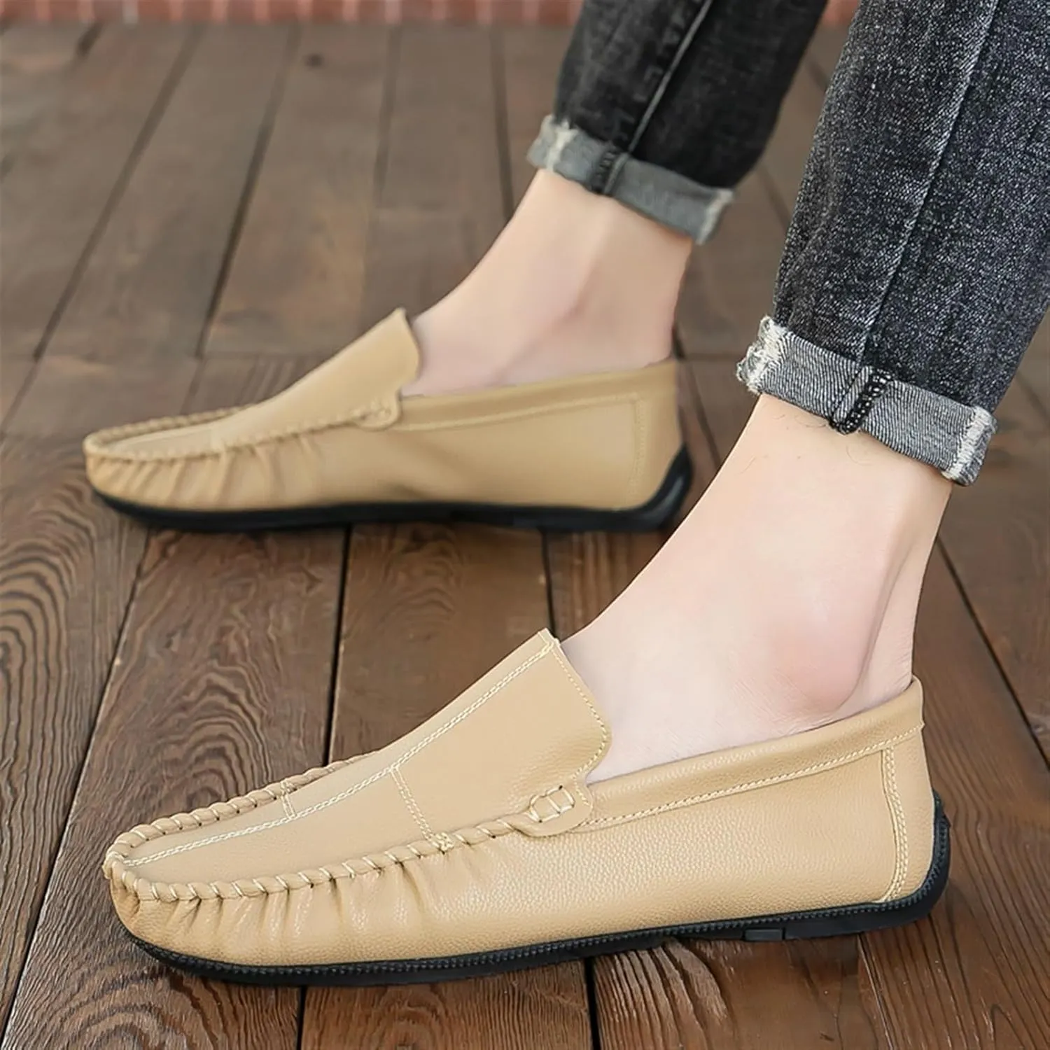 Men's Vegan Leather Loafers – Slip-On Moccasins with Stitching Details, Anti-Slip Sole, Comfortable and Classic for Parties