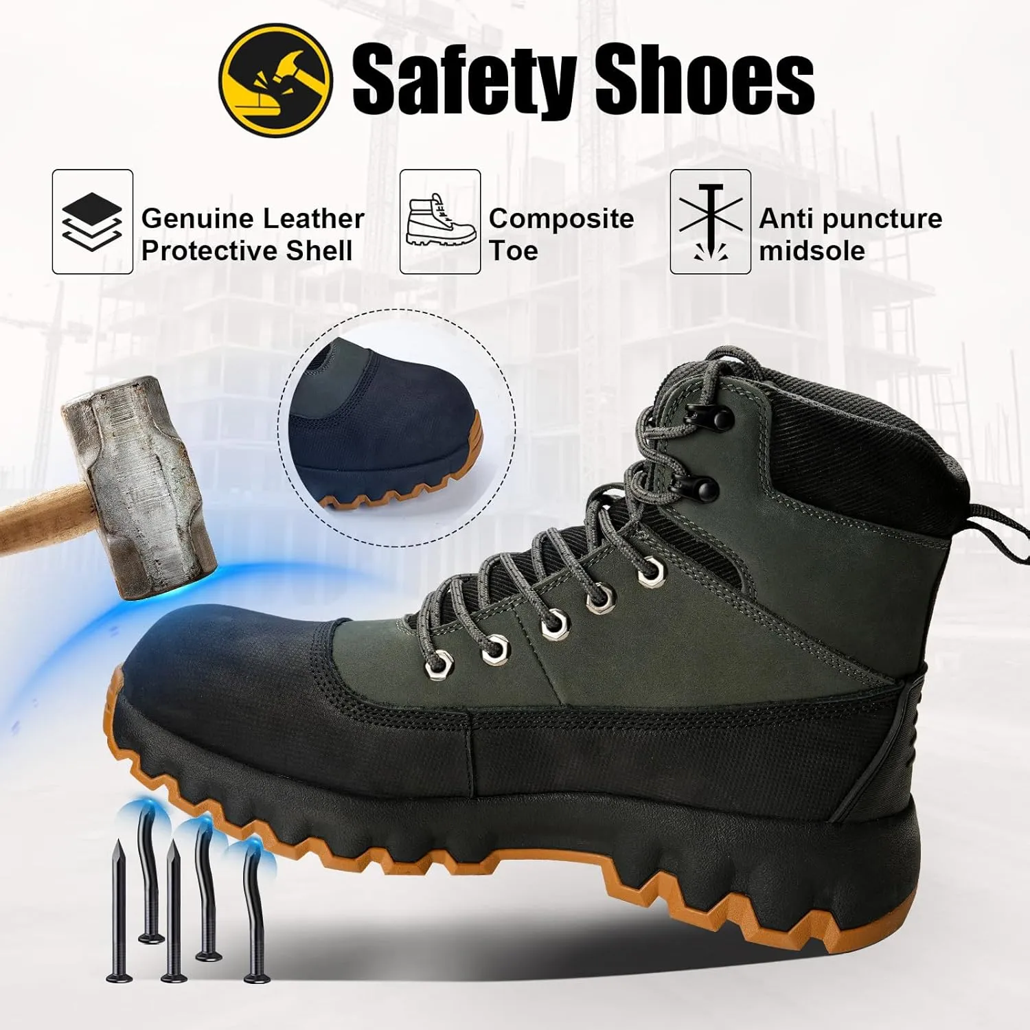 Mens work boots Composite Toe Boots for Men Genuine Leather Rubber Sole No Slip Waterproof Shoes Industrial & Construction Safety boots