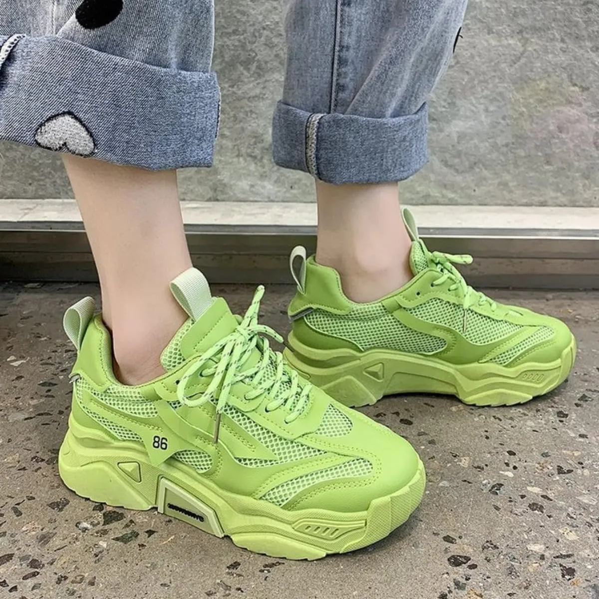 Mesh PU Breathable Stylish Chunky Sneakers Y2K Lightweight Sport Shoes for Women Streetwear Daily Walk Travel Outfit Boost Bold Yellow Letter Design