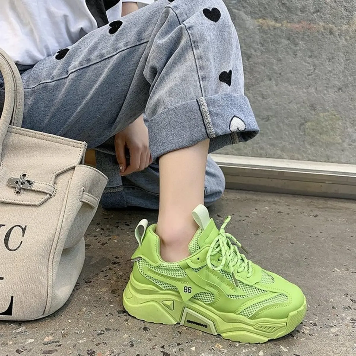 Mesh PU Breathable Stylish Chunky Sneakers Y2K Lightweight Sport Shoes for Women Streetwear Daily Walk Travel Outfit Boost Bold Yellow Letter Design