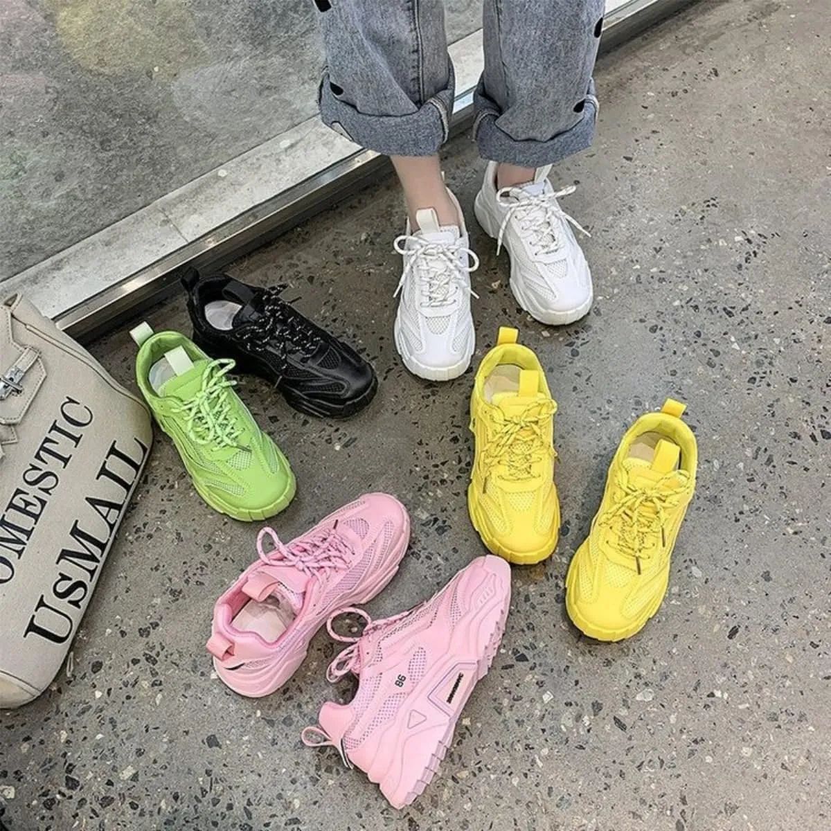Mesh PU Breathable Stylish Chunky Sneakers Y2K Lightweight Sport Shoes for Women Streetwear Daily Walk Travel Outfit Boost Bold Yellow Letter Design